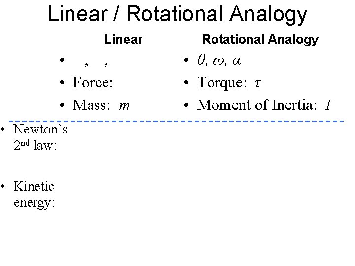 Linear / Rotational Analogy Linear • , , • Force: • Mass: m •