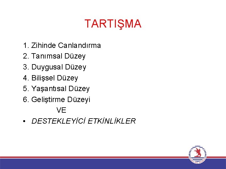 TARTIŞMA 1. Zihinde Canlandırma 2. Tanımsal Düzey 3. Duygusal Düzey 4. Bilişsel Düzey 5.
