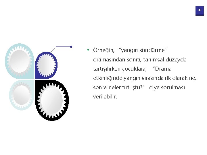 38 • Örneğin, “yangın söndürme” dramasından sonra, tanımsal düzeyde tartışılırken çocuklara, “Drama etkinliğinde yangın