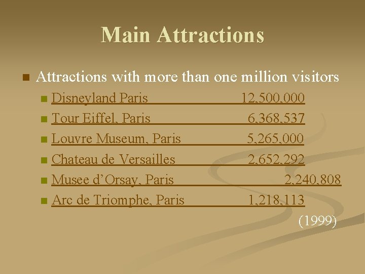 Main Attractions with more than one million visitors Disneyland Paris n Tour Eiffel, Paris
