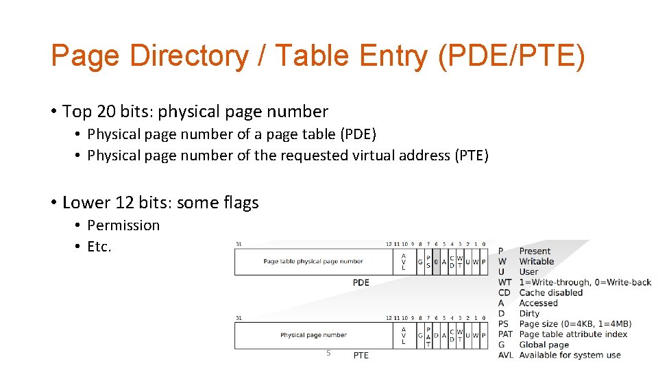 Page Directory / Table Entry (PDE/PTE) • Top 20 bits: physical page number •