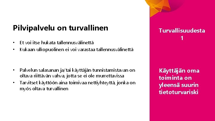 Pilvipalvelu on turvallinen • • Et voi itse hukata tallennusvälinettä Kukaan ulkopuolinen ei voi Pilvipalvelu on turvallinen • • Et voi itse hukata tallennusvälinettä Kukaan ulkopuolinen ei voi