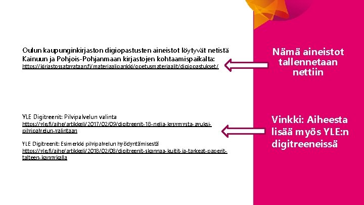 Oulun kaupunginkirjaston digiopastusten aineistot löytyvät netistä Kainuun ja Pohjois-Pohjanmaan kirjastojen kohtaamispaikalta: Nämä aineistot tallennetaan Oulun kaupunginkirjaston digiopastusten aineistot löytyvät netistä Kainuun ja Pohjois-Pohjanmaan kirjastojen kohtaamispaikalta: Nämä aineistot tallennetaan