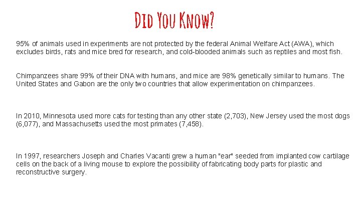 Did You Know? 95% of animals used in experiments are not protected by the