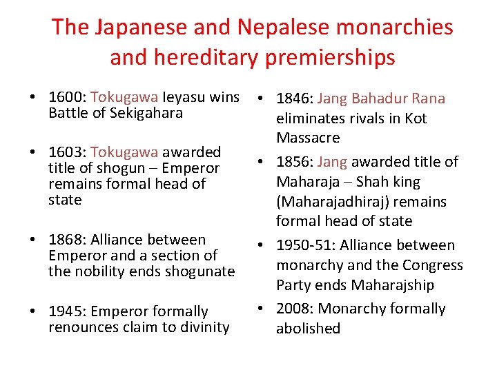 The Japanese and Nepalese monarchies and hereditary premierships • 1600: Tokugawa Ieyasu wins Battle