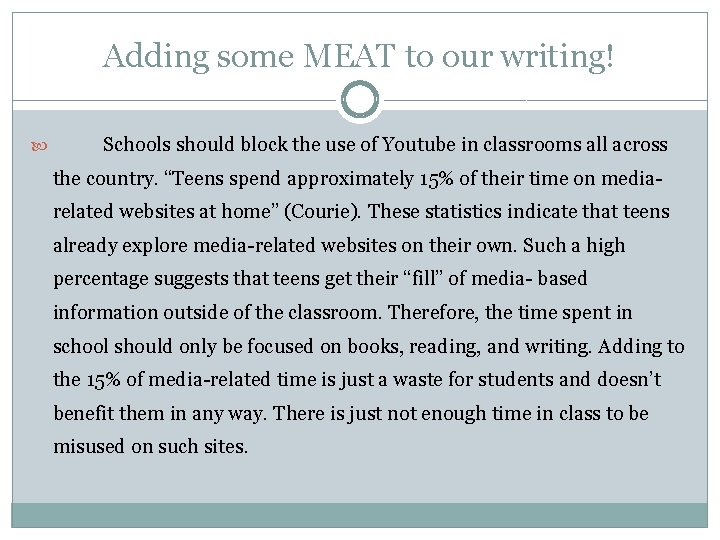 Adding some MEAT to our writing! Schools should block the use of Youtube in