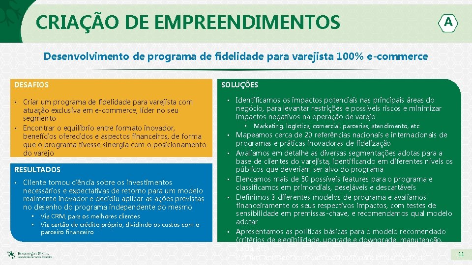 CRIAÇÃO DE EMPREENDIMENTOS A Desenvolvimento de programa de fidelidade para varejista 100% e-commerce DESAFIOS