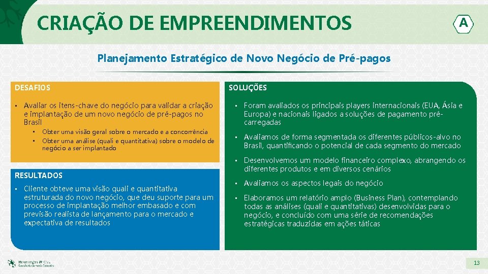 CRIAÇÃO DE EMPREENDIMENTOS A Planejamento Estratégico de Novo Negócio de Pré-pagos DESAFIOS • Avaliar