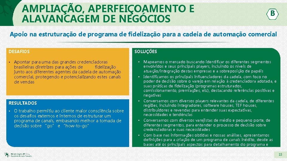 AMPLIAÇÃO, APERFEIÇOAMENTO E ALAVANCAGEM DE NEGÓCIOS B Apoio na estruturação de programa de fidelização