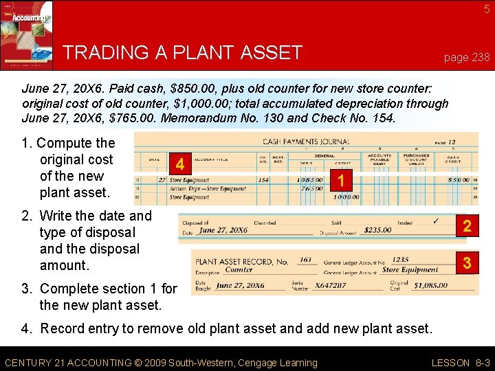 5 TRADING A PLANT ASSET page 238 June 27, 20 X 6. Paid cash,