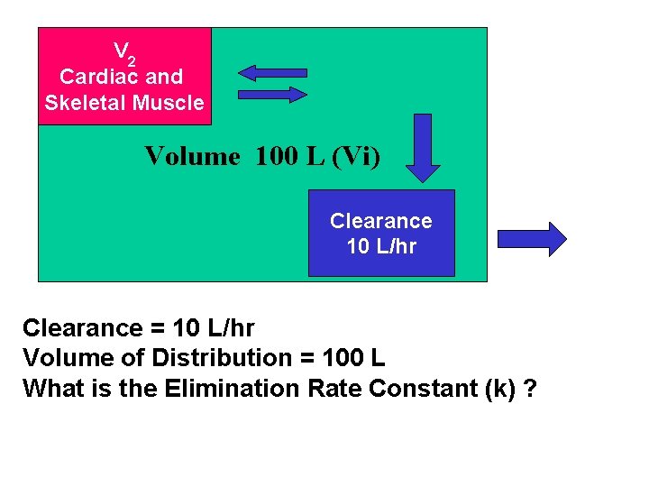 V 2 Cardiac and Skeletal Muscle V Volume 100 L (Vi) Clearance 10 L/hr