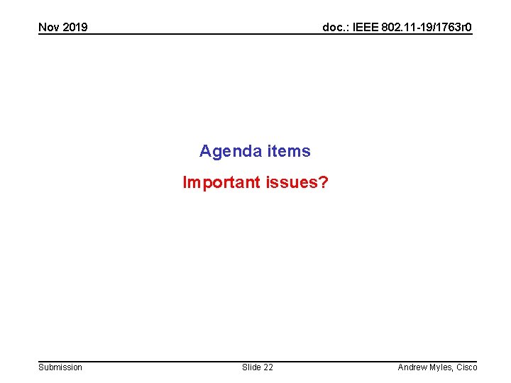 Nov 2019 doc. : IEEE 802. 11 -19/1763 r 0 Agenda items Important issues?