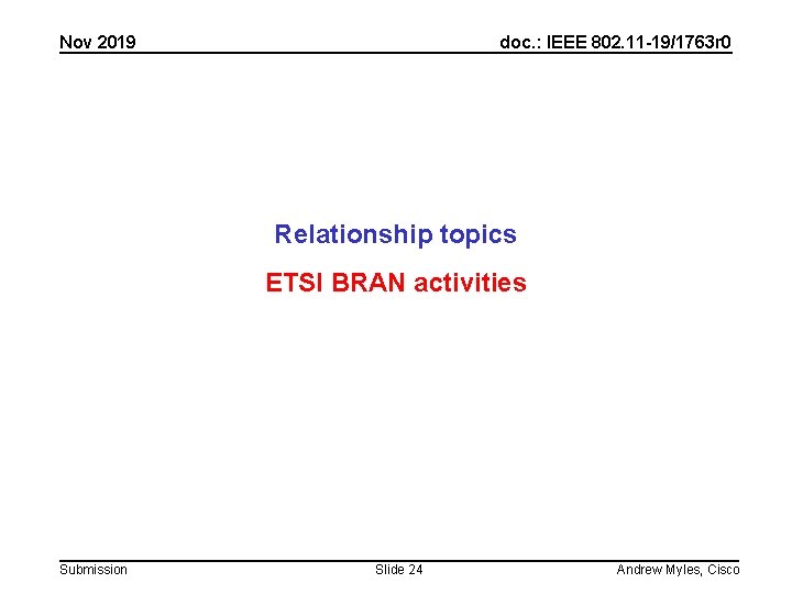 Nov 2019 doc. : IEEE 802. 11 -19/1763 r 0 Relationship topics ETSI BRAN