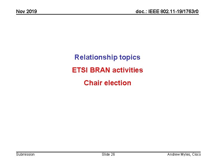 Nov 2019 doc. : IEEE 802. 11 -19/1763 r 0 Relationship topics ETSI BRAN