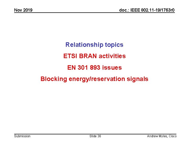Nov 2019 doc. : IEEE 802. 11 -19/1763 r 0 Relationship topics ETSI BRAN