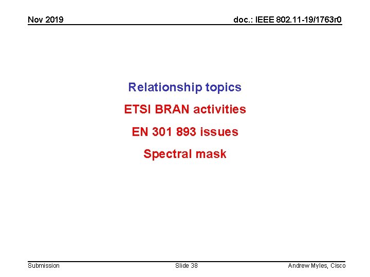 Nov 2019 doc. : IEEE 802. 11 -19/1763 r 0 Relationship topics ETSI BRAN