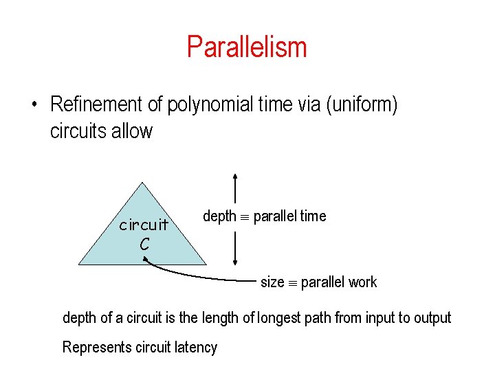 Parallelism • Refinement of polynomial time via (uniform) circuits allow circuit C depth parallel Parallelism • Refinement of polynomial time via (uniform) circuits allow circuit C depth parallel