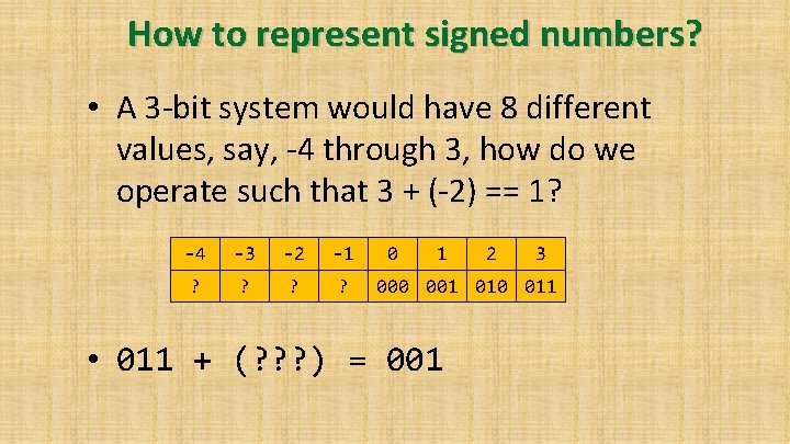 How to represent signed numbers? • A 3 -bit system would have 8 different