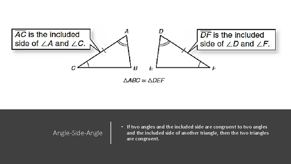 Angle-Side-Angle • If two angles and the included side are congruent to two angles