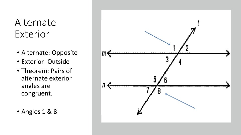 Alternate Exterior • Alternate: Opposite • Exterior: Outside • Theorem: Pairs of alternate exterior
