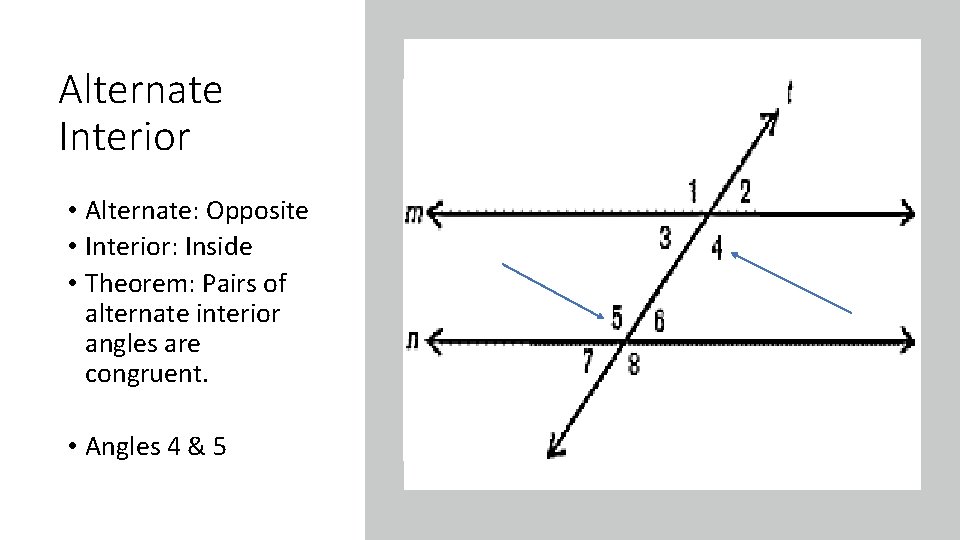 Alternate Interior • Alternate: Opposite • Interior: Inside • Theorem: Pairs of alternate interior