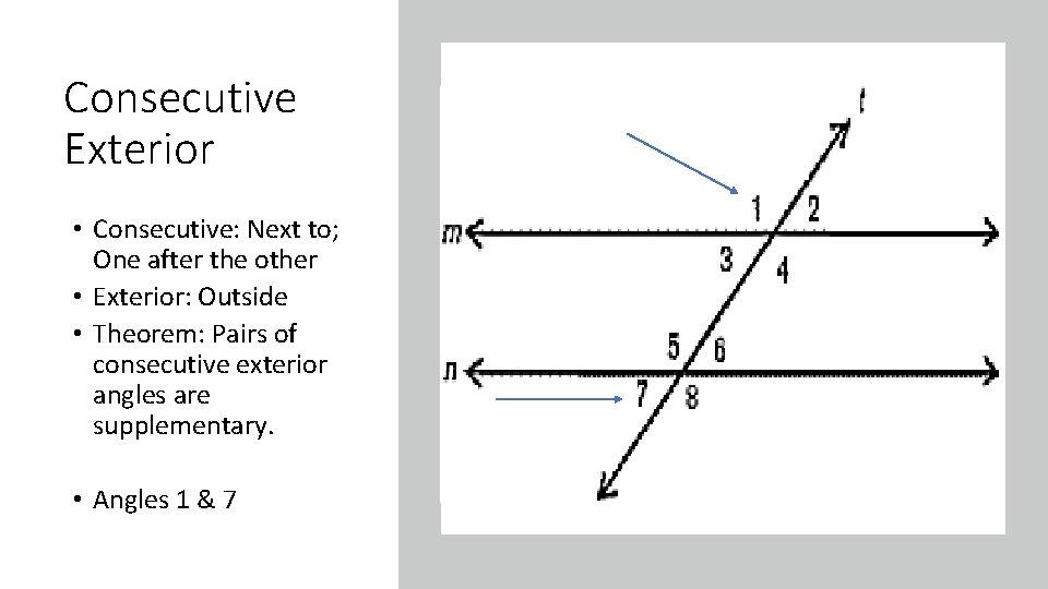 Consecutive Exterior • Consecutive: Next to; One after the other • Exterior: Outside •