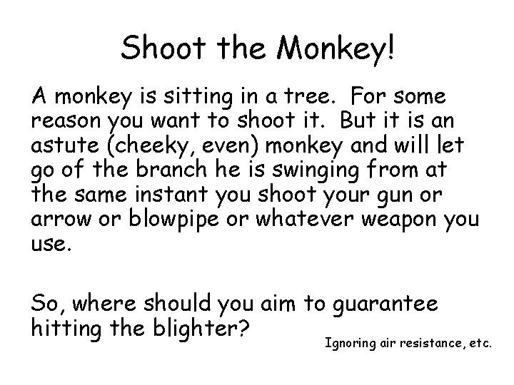 Shoot the Monkey! A monkey is sitting in a tree. For some reason you