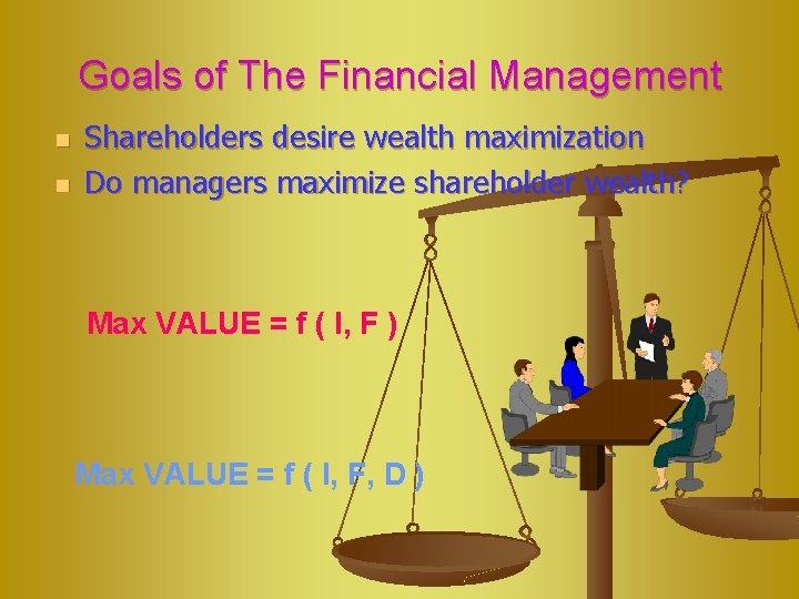 Goals of The Financial Management n n Shareholders desire wealth maximization Do managers maximize