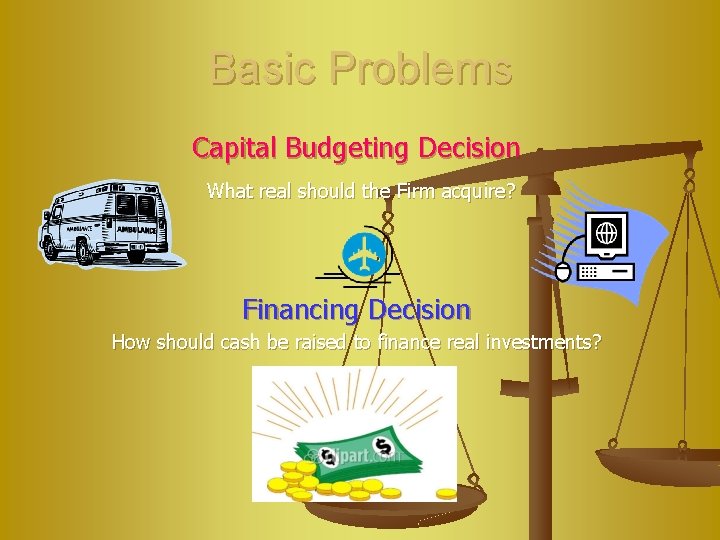 Basic Problems Capital Budgeting Decision What real should the Firm acquire? Financing Decision How