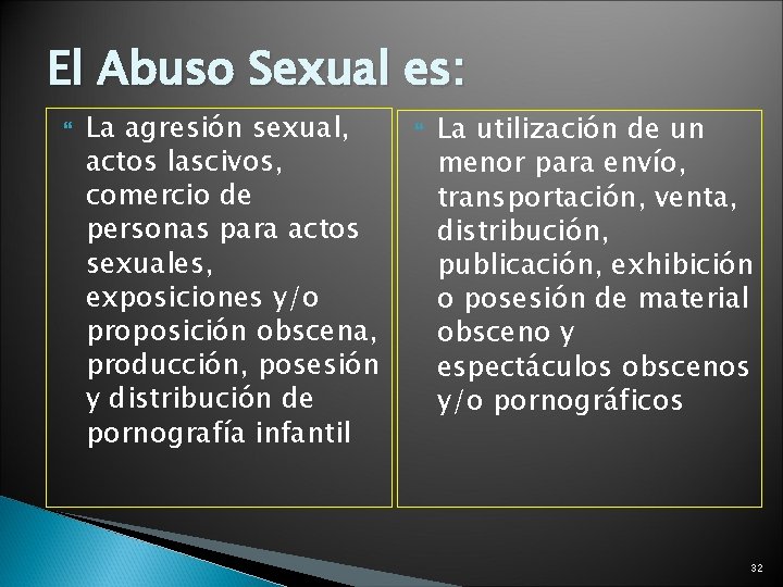El Abuso Sexual es: La agresión sexual, actos lascivos, comercio de personas para actos