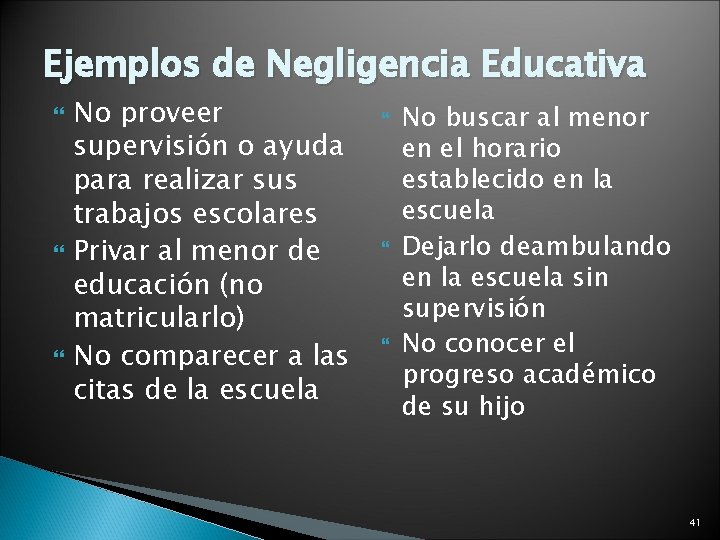 Ejemplos de Negligencia Educativa No proveer supervisión o ayuda para realizar sus trabajos escolares