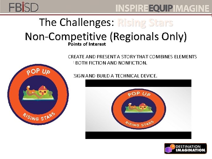 The Challenges: Rising Stars Non-Competitive (Regionals Only) Points of Interest CREATE AND PRESENT A