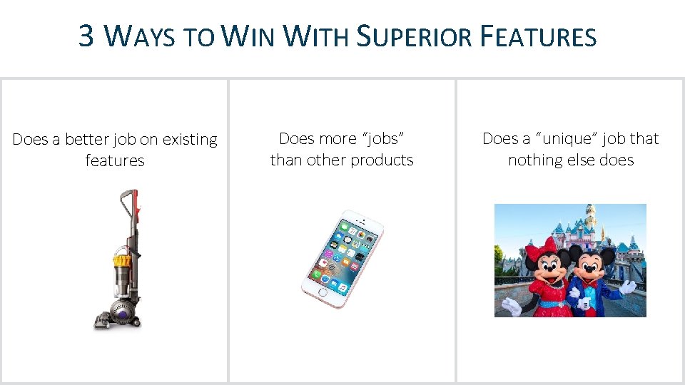 3 WAYS TO WIN WITH SUPERIOR FEATURES Does a better job on existing features 3 WAYS TO WIN WITH SUPERIOR FEATURES Does a better job on existing features