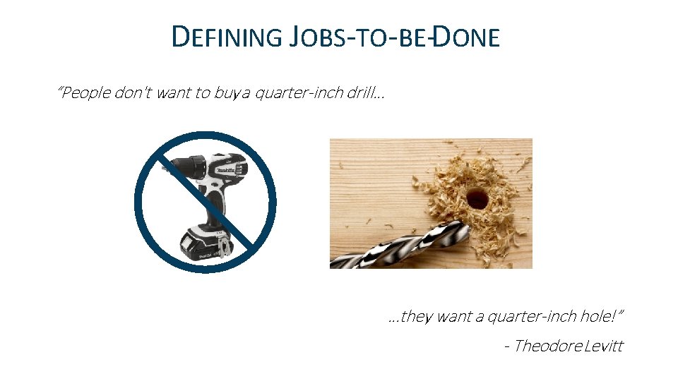 DEFINING JOBS-TO-BE-DONE “People don't want to buy a quarter-inch drill… …they want a quarter-inch