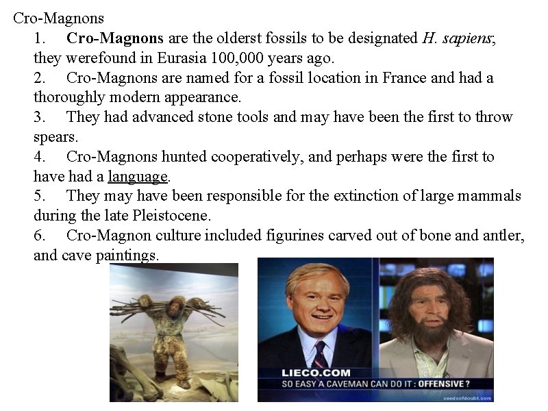 Cro-Magnons 1. Cro-Magnons are the olderst fossils to be designated H. sapiens; they werefound