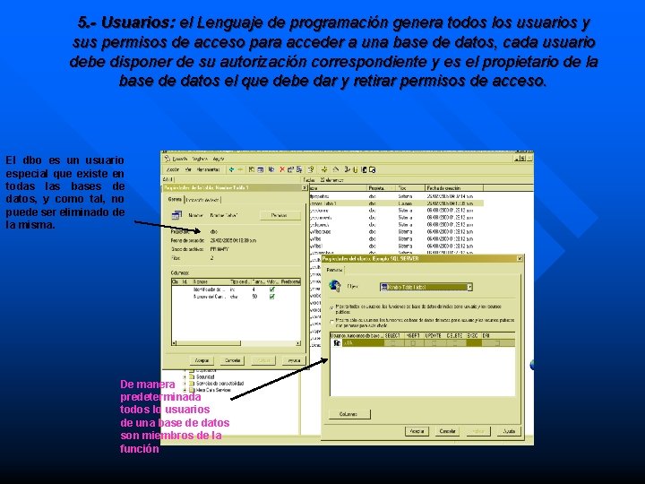 5. - Usuarios: el Lenguaje de programación genera todos los usuarios y sus permisos 5. - Usuarios: el Lenguaje de programación genera todos los usuarios y sus permisos