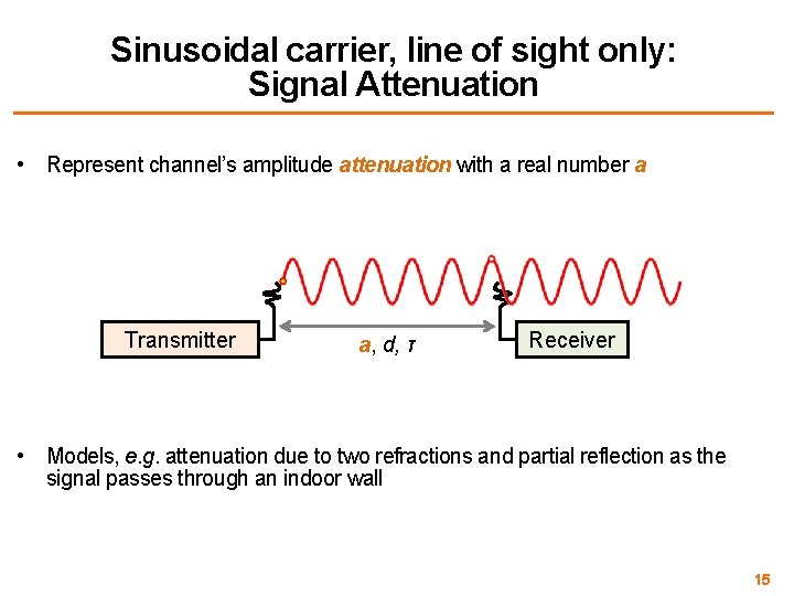 Sinusoidal carrier, line of sight only: Signal Attenuation • Represent channel’s amplitude attenuation with