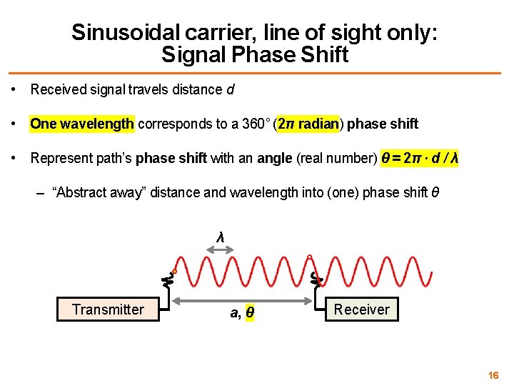 Sinusoidal carrier, line of sight only: Signal Phase Shift • Received signal travels distance