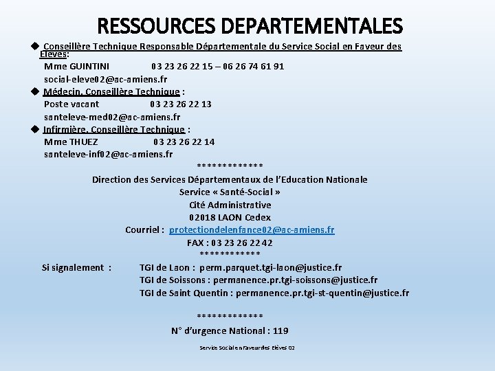 RESSOURCES DEPARTEMENTALES Conseillère Technique Responsable Départementale du Service Social en Faveur des Elèves: Mme