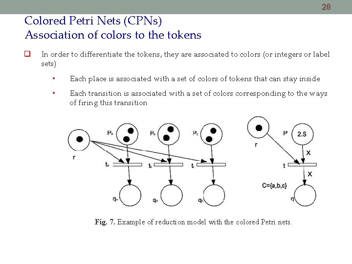 28 Colored Petri Nets (CPNs) Association of colors to the tokens In order to