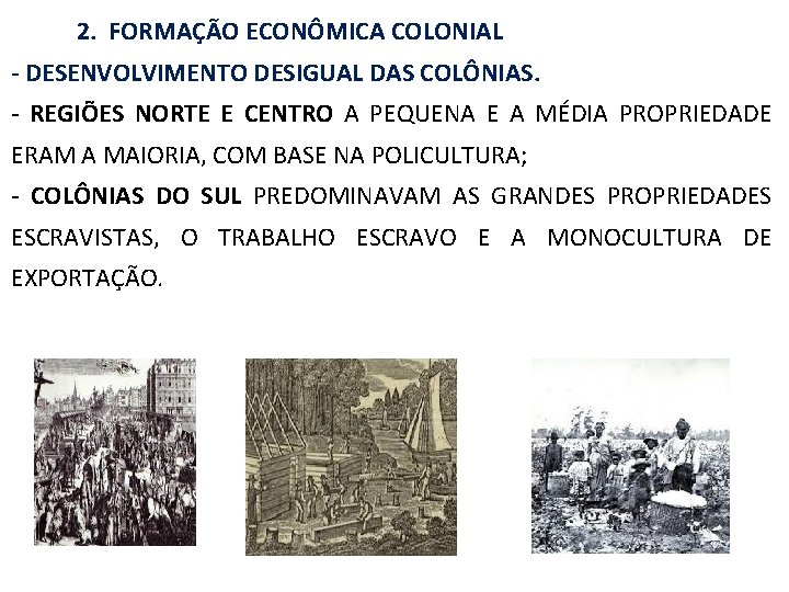 2. FORMAÇÃO ECONÔMICA COLONIAL - DESENVOLVIMENTO DESIGUAL DAS COLÔNIAS. - REGIÕES NORTE E CENTRO