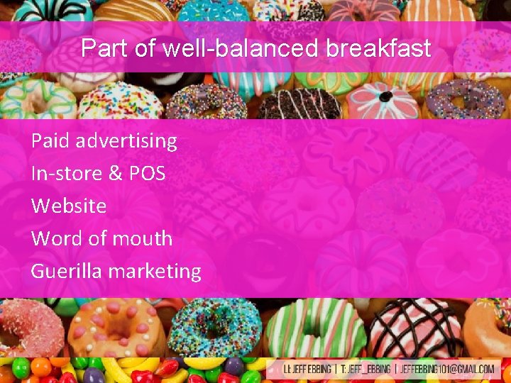 Part of well-balanced breakfast Paid advertising In-store & POS Website Word of mouth Guerilla Part of well-balanced breakfast Paid advertising In-store & POS Website Word of mouth Guerilla