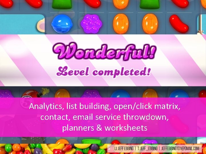 Analytics, list building, open/click matrix, contact, email service throwdown, planners & worksheets Analytics, list building, open/click matrix, contact, email service throwdown, planners & worksheets