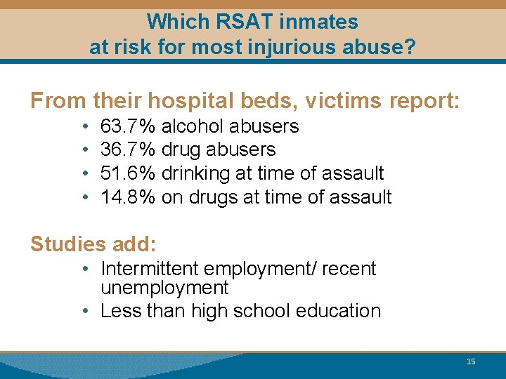 Which RSAT inmates at risk for most injurious abuse? From their hospital beds, victims