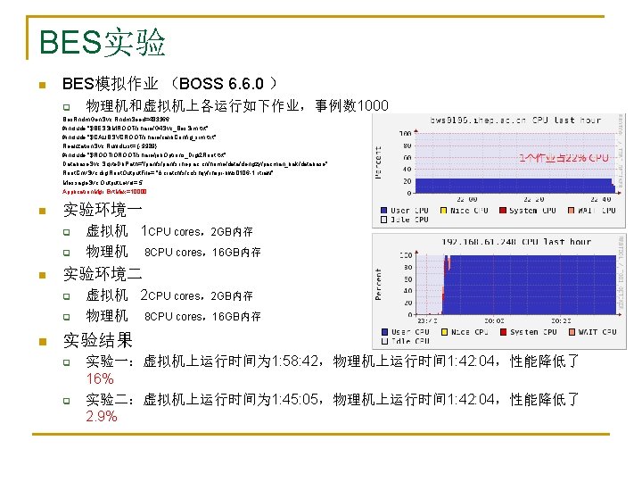 BES实验 n BES模拟作业 （BOSS 6. 6. 0 ） q 物理机和虚拟机上各运行如下作业，事例数 1000 Bes. Rndm. Gen.