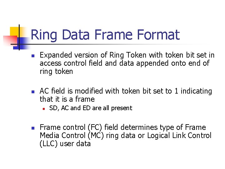 Ring Data Frame Format n n Expanded version of Ring Token with token bit