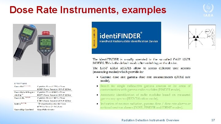 Dose Rate Instruments, examples Radiation Detection Instruments Overview 37 