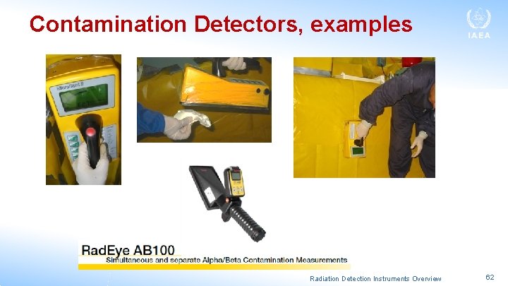 Contamination Detectors, examples Radiation Detection Instruments Overview 62 