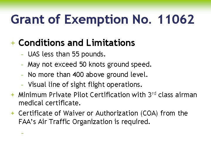 Grant of Exemption No. 11062 + Conditions and Limitations - UAS less than 55