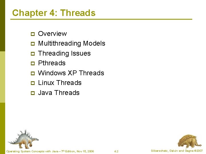 Chapter 4: Threads p p p p Overview Multithreading Models Threading Issues Pthreads Windows Chapter 4: Threads p p p p Overview Multithreading Models Threading Issues Pthreads Windows